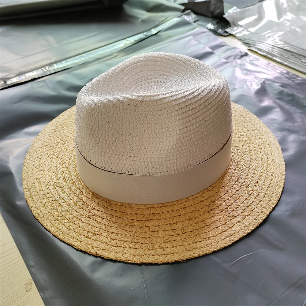 Lafite Grass Color blocked Grass Hat Breathable Sun Hat Fashionable Retro Jazz Hat Elastic Ribbon Accessories Summer Beach Hat