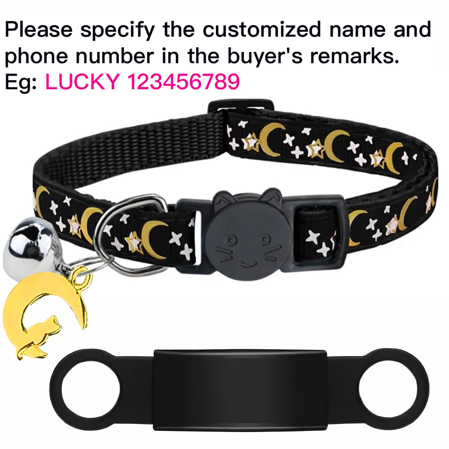 Maßgeschneiderte süße leuchtende Katzenhalsband mit kostenloser Gravur für Welpen und Kätzchen, Anti-Verlust-Haustier-ID-Namensschild-Halskette mit Glöckchen- und Mondornament