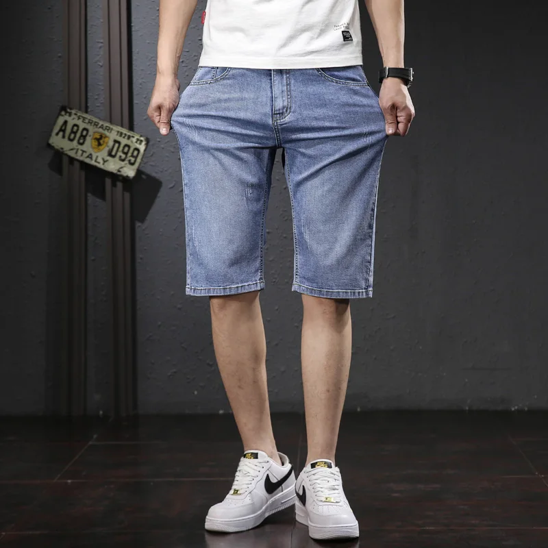 مستقيم الرجال الصيف الدنيم السراويل الجديدة القطن تمتد العمل عارضة السراويل الكورية الأعمال الكلاسيكية جينس قصير ماركة الملابس