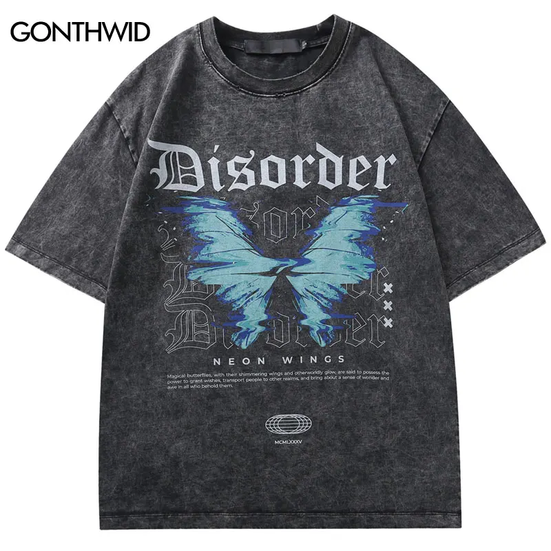 

Vintage Oversized Tshirt Y2K Retro Butterfly Graphic Printed Washed T-Shirts Streetwear Hip Hop Punk Gothic Baggy Tee Tops Black