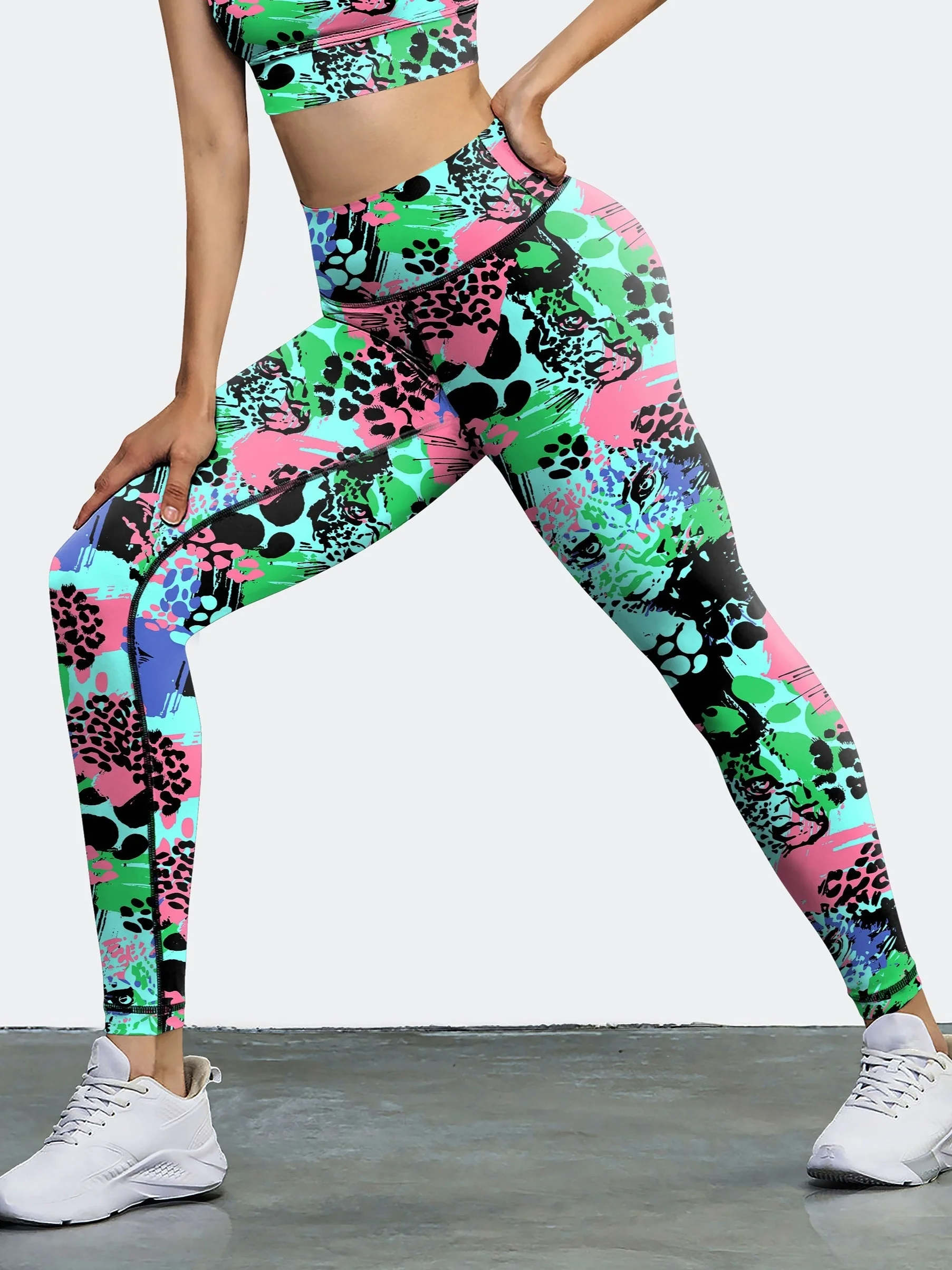 Women's Mid‑Rise Fleece Lined Leggings Color Block Leopard Print Stretch Slim Warm Ladies Sports Fitness Pant