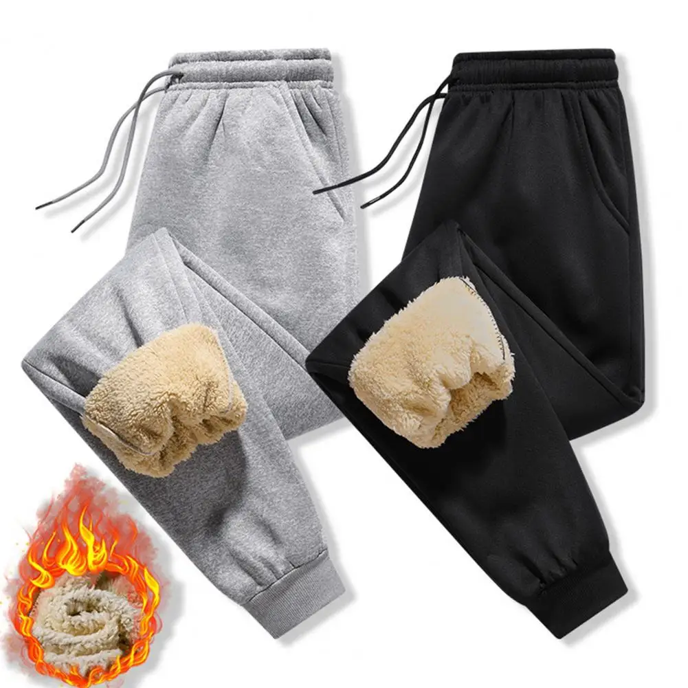 Winter Men Pants Thick Fleece Drawstring Elastic Waist Heat Retention Pockets Solid Color Warm Sport Travel Work Trousers