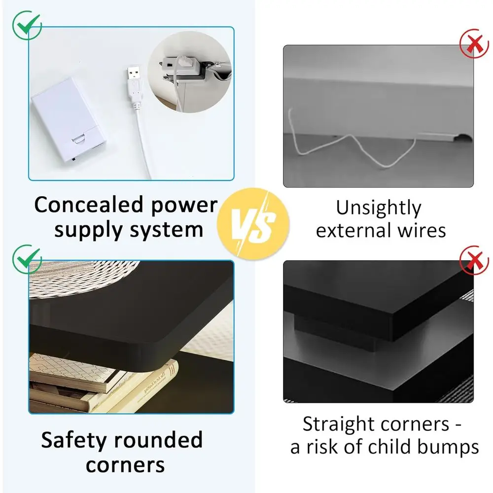 Modern Living Room Coffee Table with LED, Rounded Edges, 16 Color Options, Glossy 2-Level Design, Concealed Power Supply