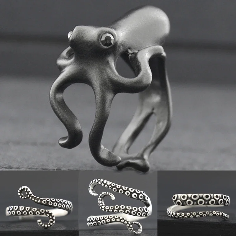 1 Piece Cute Matal Black Crystal Eye Octopus & Sea Animal Couple Rings For Women Anel Wrap Ring Men Jewelry Best Gifts For Girls