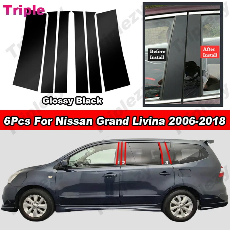 

6Pcs Glossy Piano Black Car Window Trim Cover For Nissan Grand Livina 2006-2018 Carbon Fiber BC Column Pillar Posts Door Sticker
