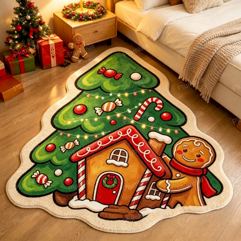 VIKAMA Christmas Tree Gingerbread House Floor Mat Shaped Anti Slip Water Absorbing Soft Carpet Round Entrance Home Decoration