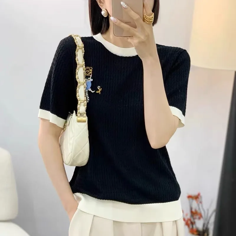 Mulheres de malha camisetas camisola verão dos desenhos animados bordado manga curta camisetas topos moda casual solto senhoras jumpers malhas