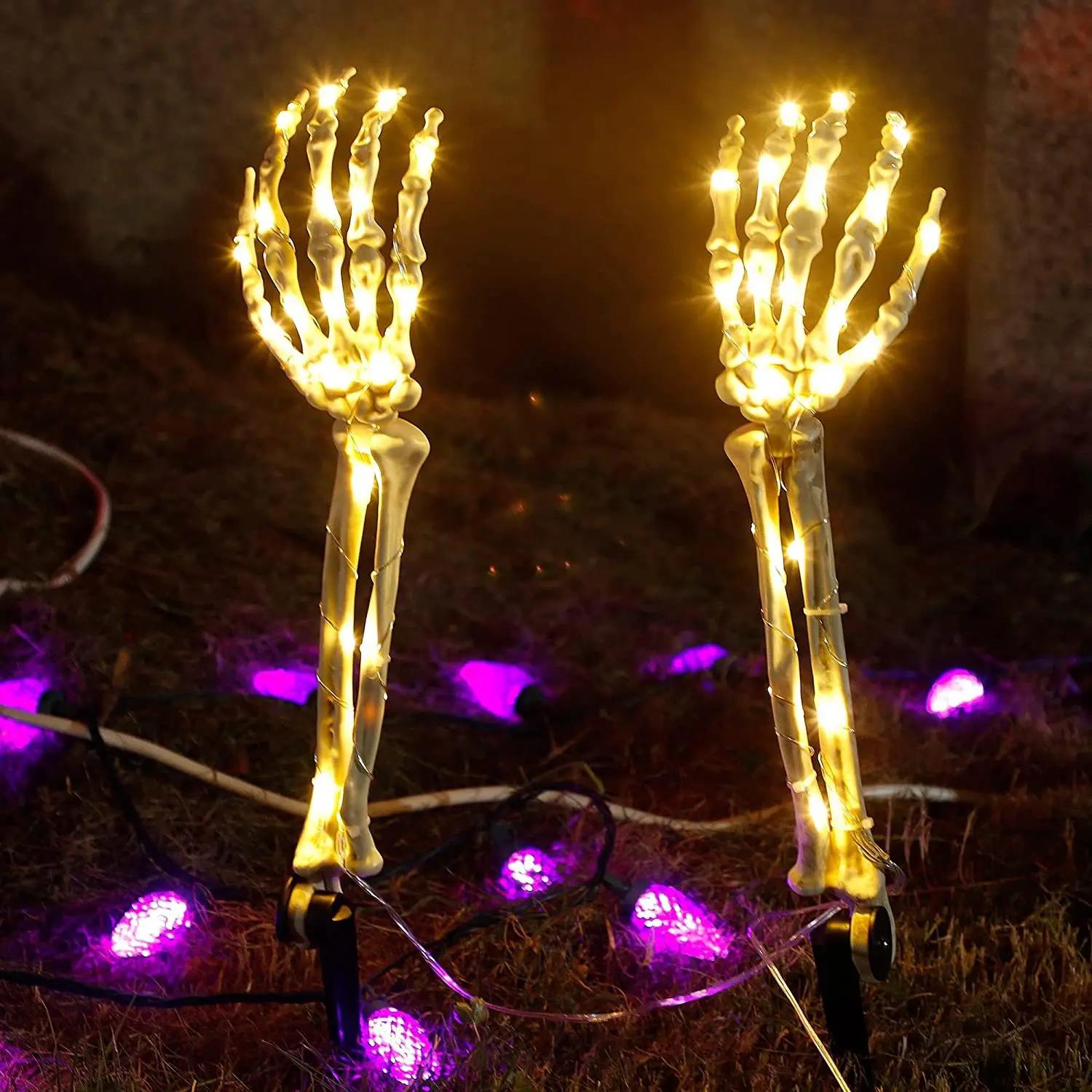 Halloween LED light string ground inserted skull double arm light, courtyard garden horror prop decoration light