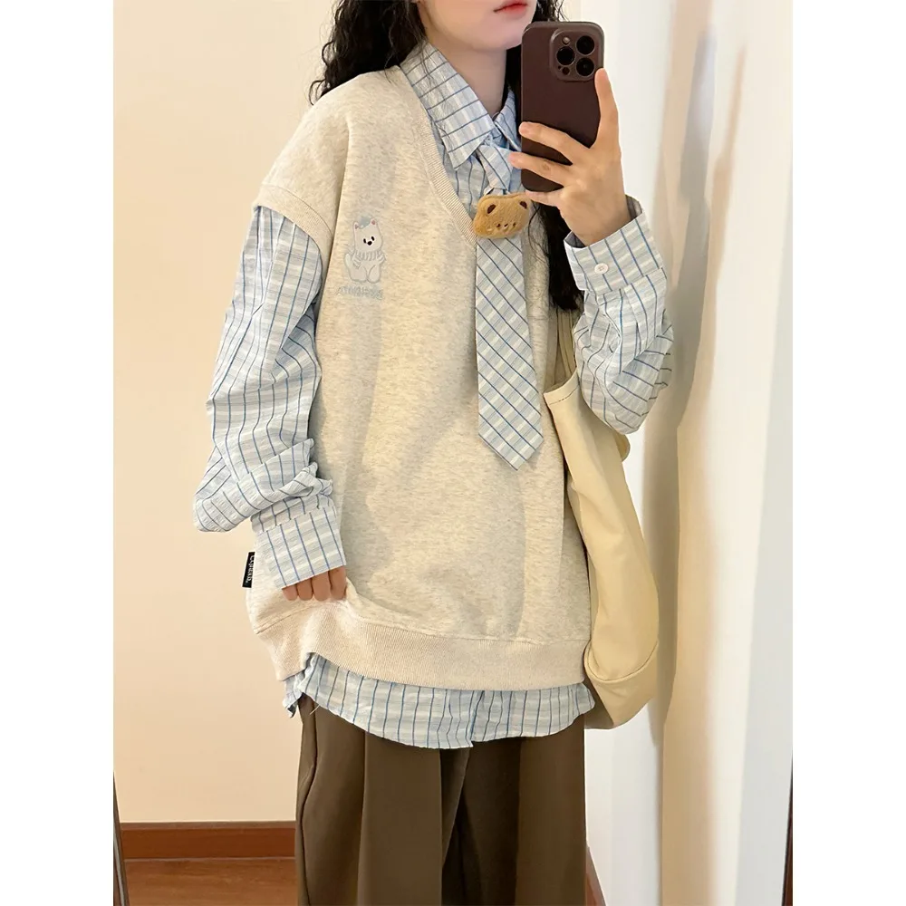 

Винтажная Harajuku мультфильм кошка с вышивкой, повседневная студенческая толстовка из двух предметов, толстовка с воротником-поло, клетчатая рубашка с рукавами и галстуком