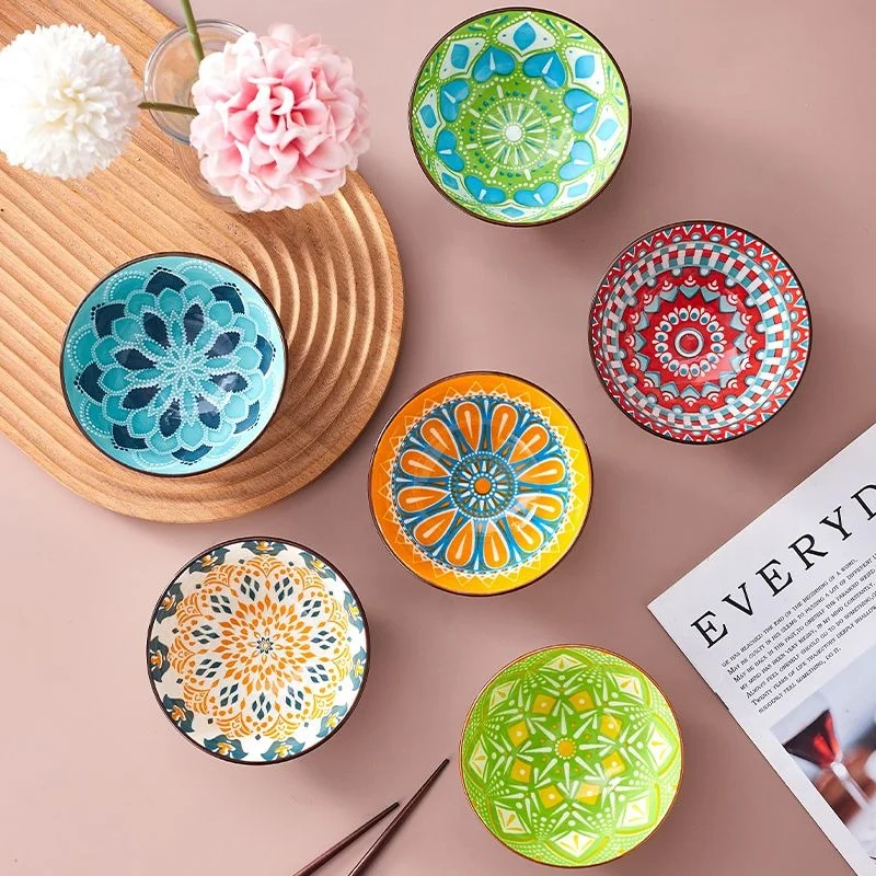 6pcs/set Bohemian Ceramic Rice Bowl, Hand Painted Pattern Porcelain, Soup Bowl, Microwave Bowl, Dinner Bowls,Kitchen Tableware