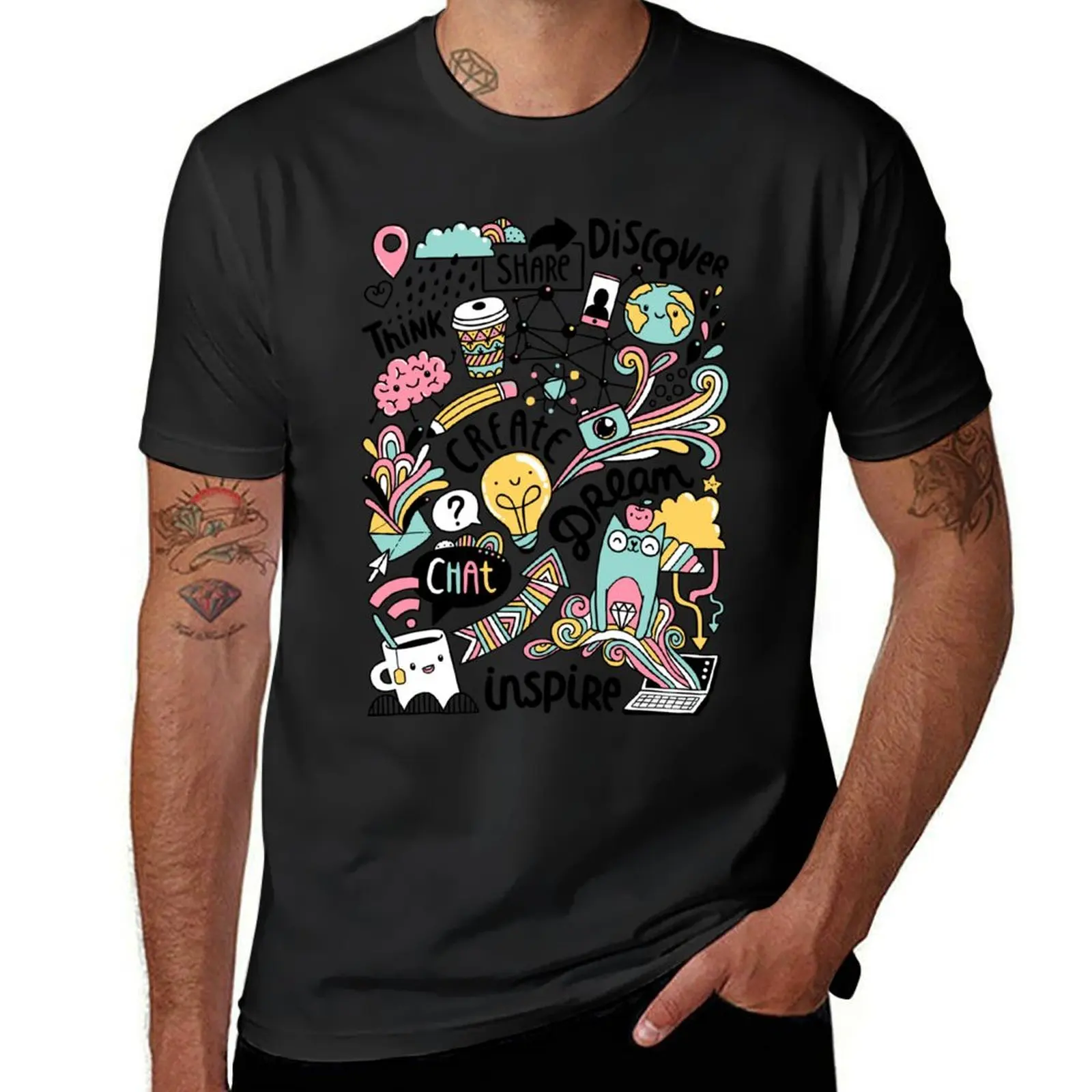 Everyday. Internet and social media doodles. Cat, brain, coffee, pencil creative illustration T-Shirt tees men graphic t shirts