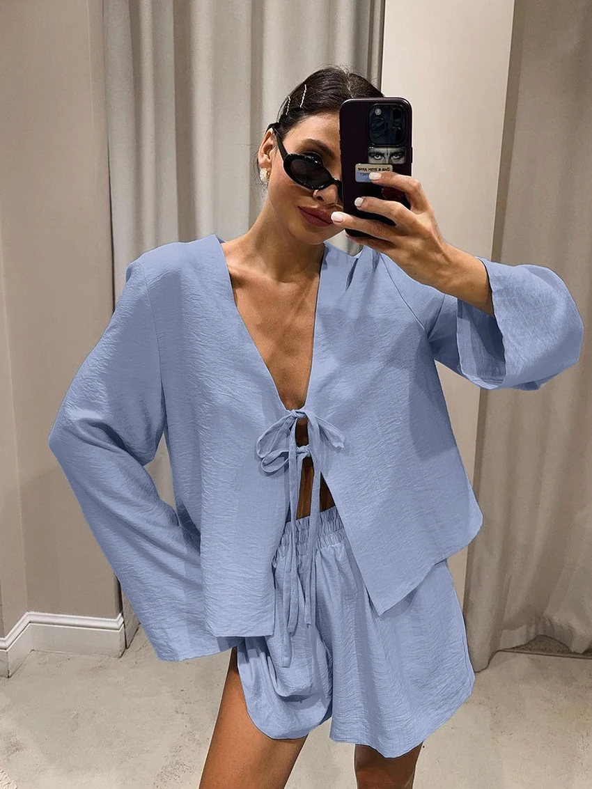 

Marthaqiqi Casual Ladies Pajamas Suit V-Neck Sleepwear Long Sleeve Nightwear Lace Up Nightie Shorts Loose Female Nightgowns Sets