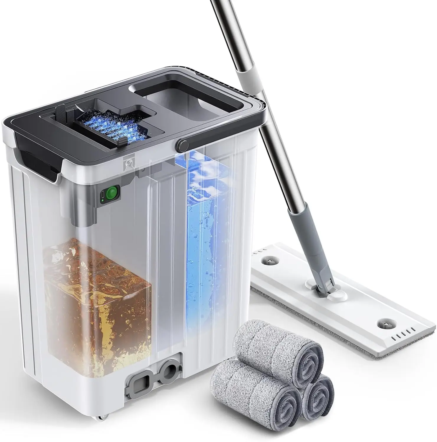 

Auto-Spray Mop Bucket Set with Dirty Water Separation, Flat Mop & Scraper, 3 Washable Pads for All Floors