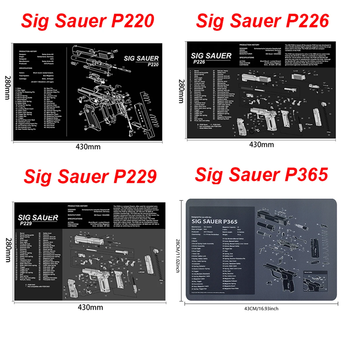 Gun Cleaning Rubber Mat Mouse Pad For Pistol Sig Sauer P220 P226 P229 P320 P365 1911 Glock 43 M92 HK USP Browning