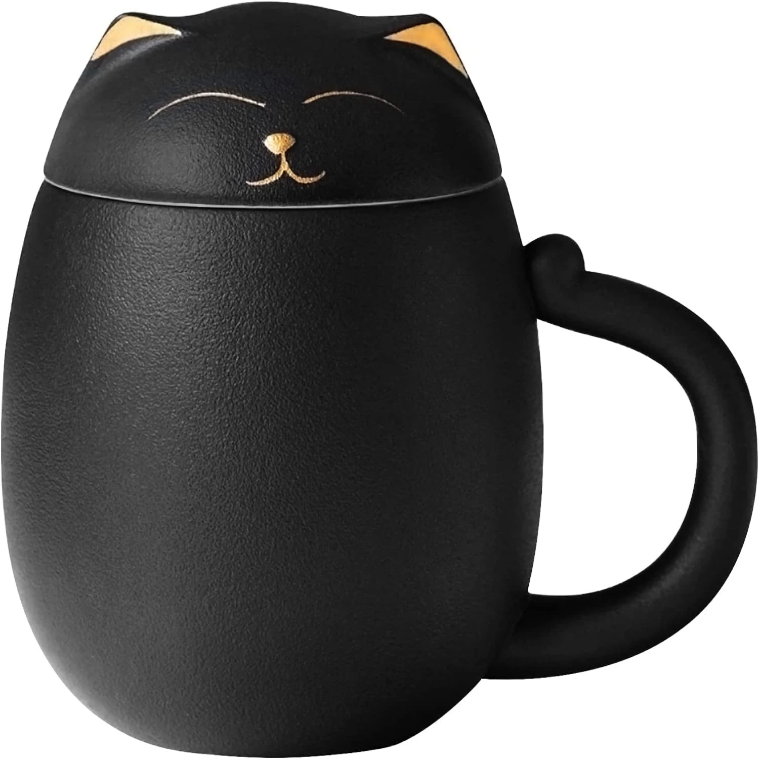 

Handmade Cat Design Ceramic Tea Mug with Lid & Infuser - Portable Tea Cup for Travel & Office - Ideal Gift for Wife/Girlfriend