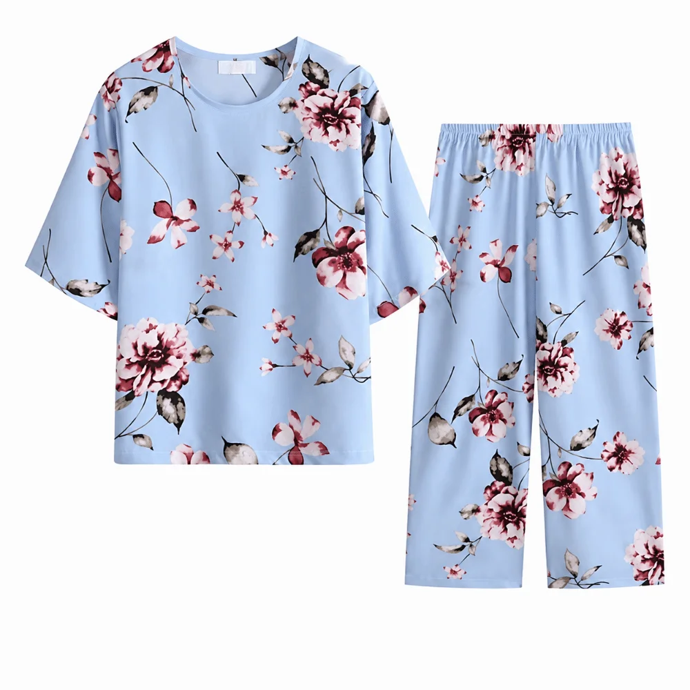 Ice Silk Cotton Pajamas Set Antibacterial Floral Printed Short Sleeve Pajamas Plus Size Loose Sleepwear Suit Middle Aged Mom