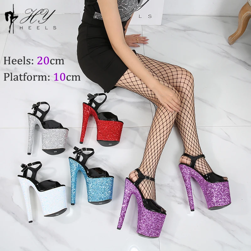 20cm Stiletto Exotic Pole Dance Glitter Platform Sandals Classic Ankle Strap Sexy High Heels Club Party  Girls Shoes For Women