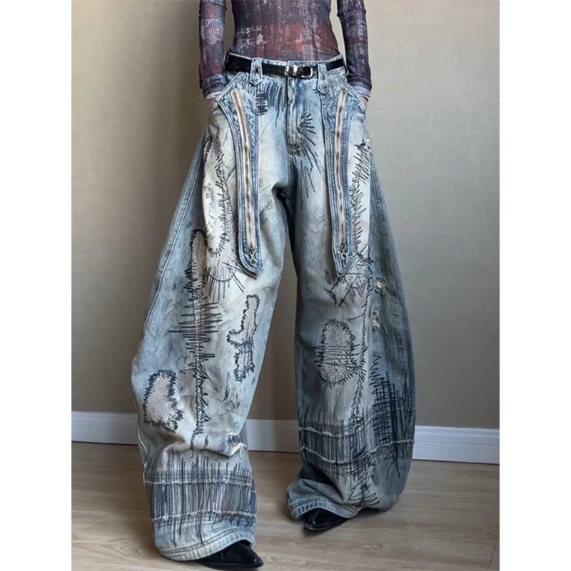 

Y2K 2000S Oversized Cargo Jeans Women Vintage Harajuku Ripped Zipper Wide Leg Denim Pants Streetwear Grunge Baggy Trousers New