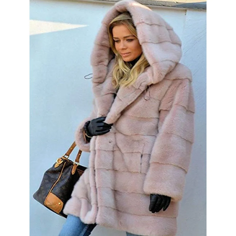 VOLALO New Woman Fur 90cm  Women Clothing Winter Artificial Economy Mink Fur Coat with A Hood Luxury Fake Fur Coats