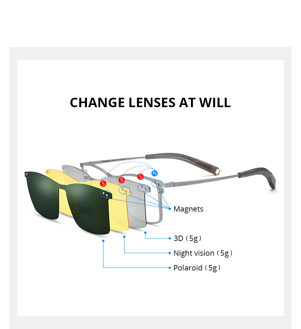 FONEX Titanium Glasses Frame Men Square Magnet Clip Eyeglasses with 3D & Night Vision & Polarized Lens Japanese Eyewear 85760