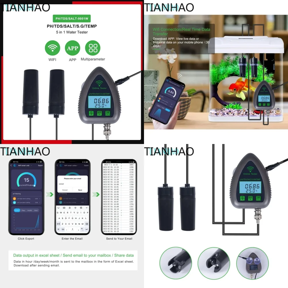9951W Bluetooth WiFi Digital Water Quality Tester Mini 5 in 1 Water Analyzer for pH TDS Salt Specific Gravity and Temperature
