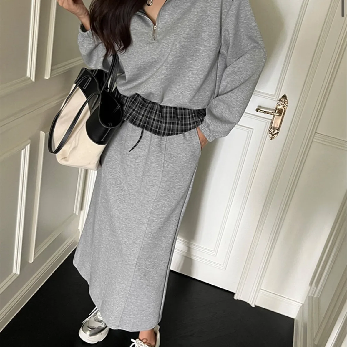 Korean Style Lazy Plaid Color Block Half Open Collar Sweatshirt High Waist Split  Skirt Casual Two-Piece Set for Women