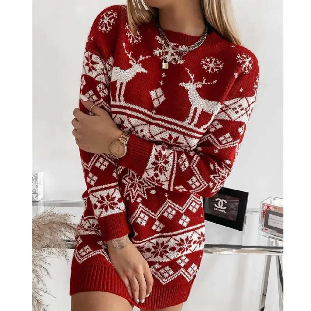 

Women's Christmas Theme Knitted Sweater European And American Style Wish Elk Snowflake Jacquard Design Winter Dress