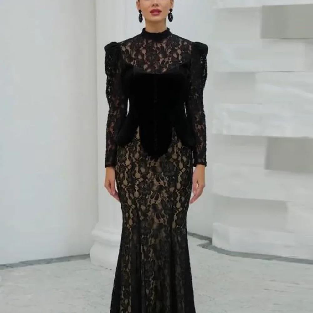 

Customized Vintage Black Lace Evening Dress High Collar Long Sleeve Formal Occasion Dresses Corset فساتين سهرات