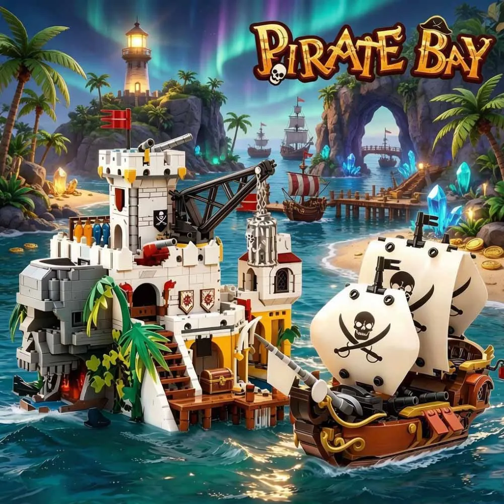 Pirate Bay MOC Building Blocks Set Medieval Pirate Fortress Castle Pirate Ship Model Skull Island Harbour Diorama DIY Assembly Bricks Creative Collection Toy Gift For Adults Boys 2461pcs