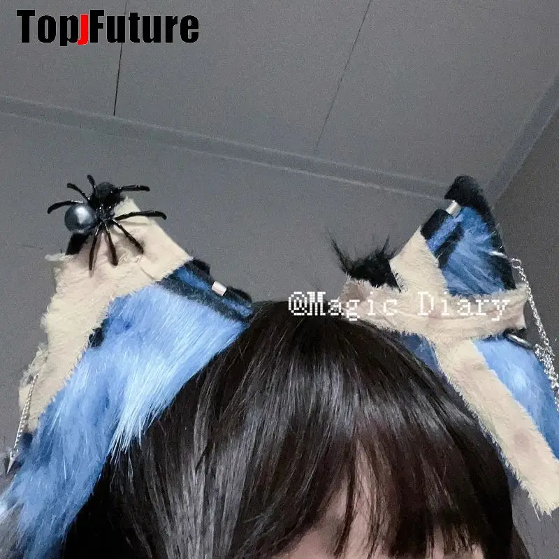 Women Y2K Girl Harajuku Halloween Gothic Punk Lolita Injured Cat ear Wolf Ear Cosplay Anime Party Costume Hairband Punk headband