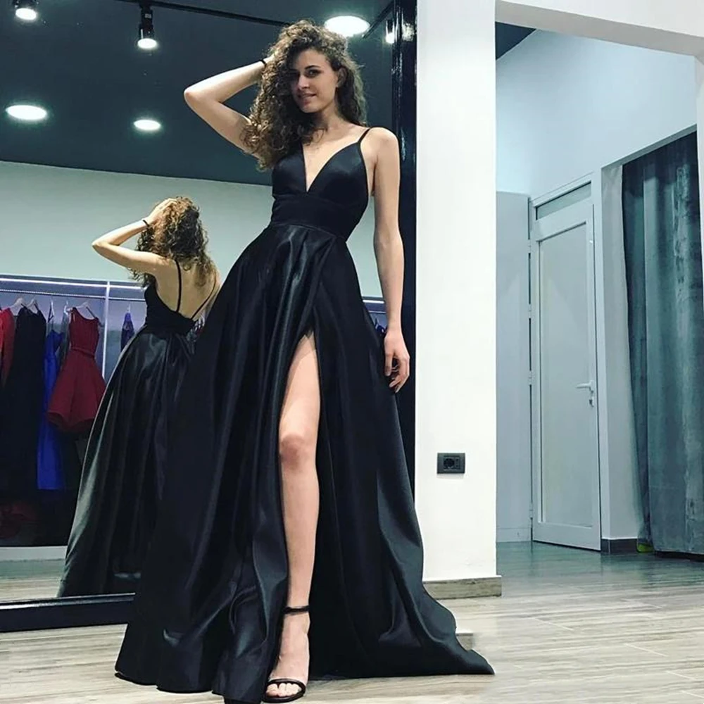 Einfache V-ausschnitt EINE Linie Abendkleider 2022 Spaghetti-trägern Side Split Backless Stain Lange Abend Party Kleider Robe De soirée