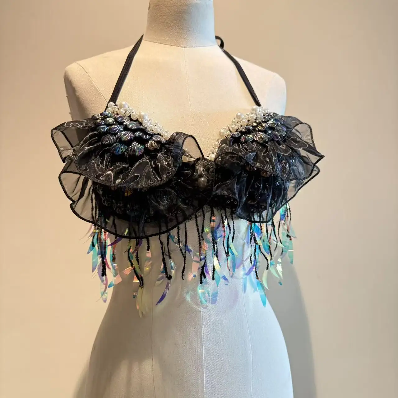 

Luxury Handmade Terylene Mermaid Sequin Shell Bikini Top Bra Oceanarium Bar Table Performance Costume Fishtail Cosplay Underwear