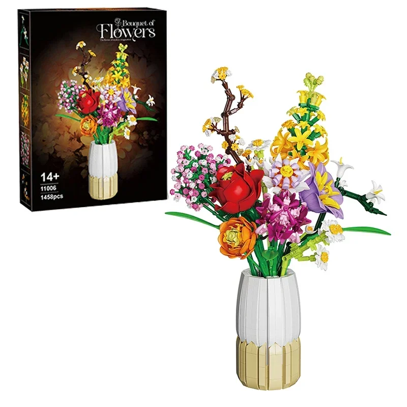 1458PCS Bloemboeket Bouwstenen Rose Daisy Lily Model Bricks Desktop Decoratie DIY Speelgoed Voor Kinderen Volwassen Romantische Geschenken