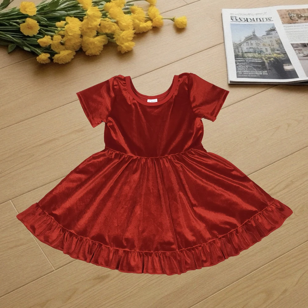 

9.6 летнее платье для маленьких девочек, красные бархатные платья длиной до колена с короткими рукавами и рюшами для маленьких девочек