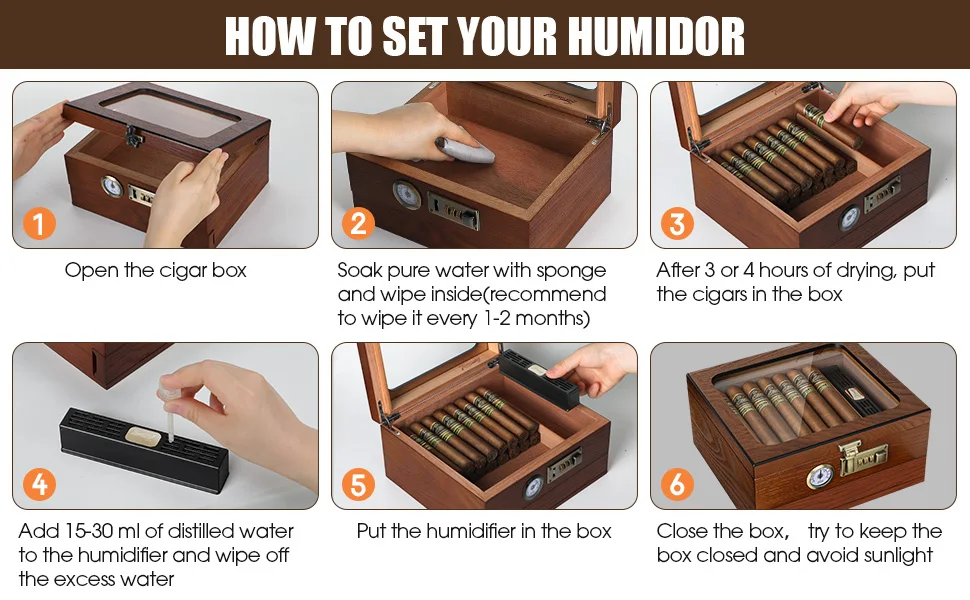 Zigarren-Humidor, Zedernholz-Humidor, Zigarrenbox, Glasplatte, Desktop-Humidor mit Front-Hygrometer, Luftbefeuchter, Teiler, Zubehör, Schublade – Detail 11