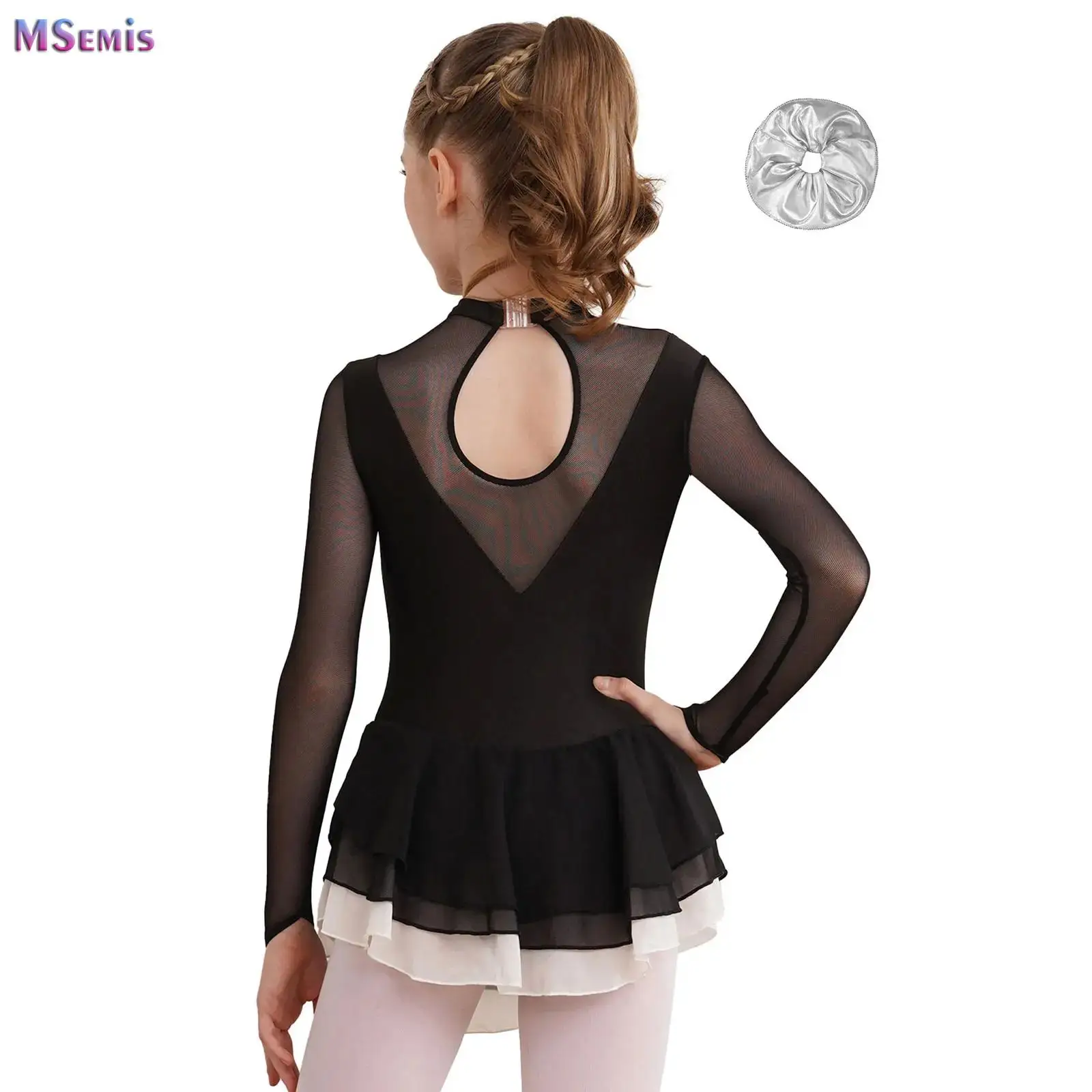 

Girls Ballet Dress Figure Skating Dance Gymnastic Suit Long Sleeve Body Jersey Leotard Performance Costumes+Hairband Set