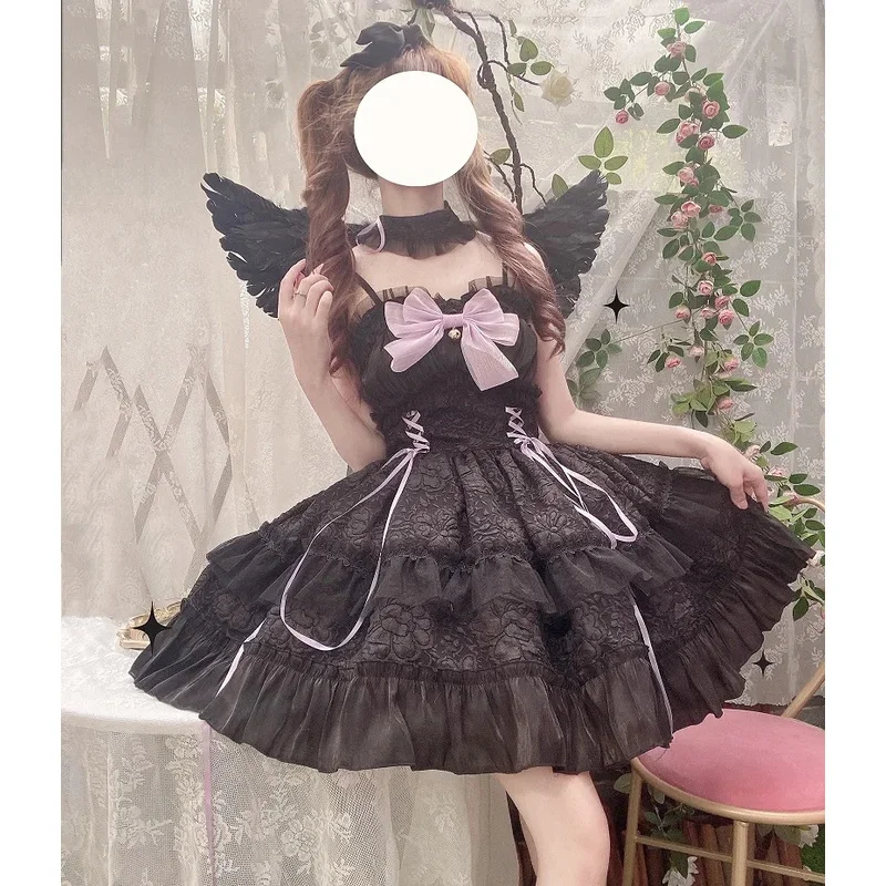 DY20 마녀 소녀 마법 변환 드레스 화이트 엔젤 악마 블랙 레이스 업 보우 Unifrom 로리타 악마 천사 코스프레 할로윈 Costu