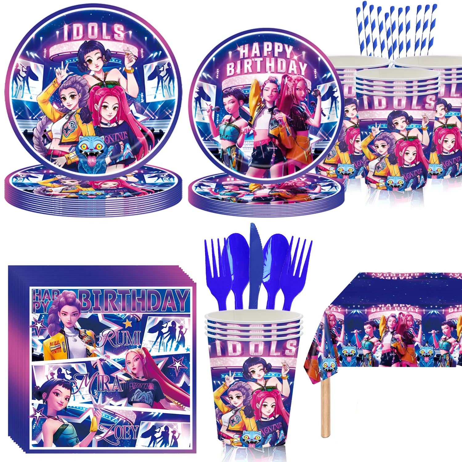 

New Demon Hunters Birthday Party Decor Tableware Banner Decorations Cake Topper Balloon Boy Kid Korean Kpop Anime Party Supplie