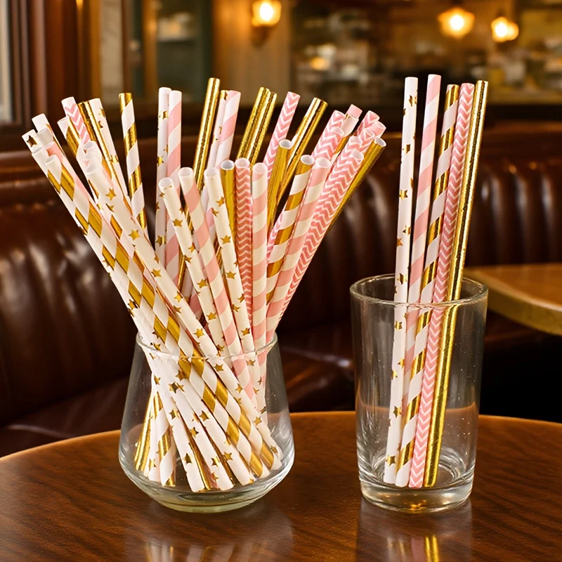 50pcs  Pink & Golden Paper Straws with Stripes, Stars and More Patterns, Material. Delicate Romantic Design Drinking Straws