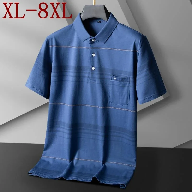 8XL 7XL 6XL 2024 New Summer 100% Cotton Breathable Striped T-shirt Mens High End Brand Polo Shirt With Pocket Casual Men's Tops