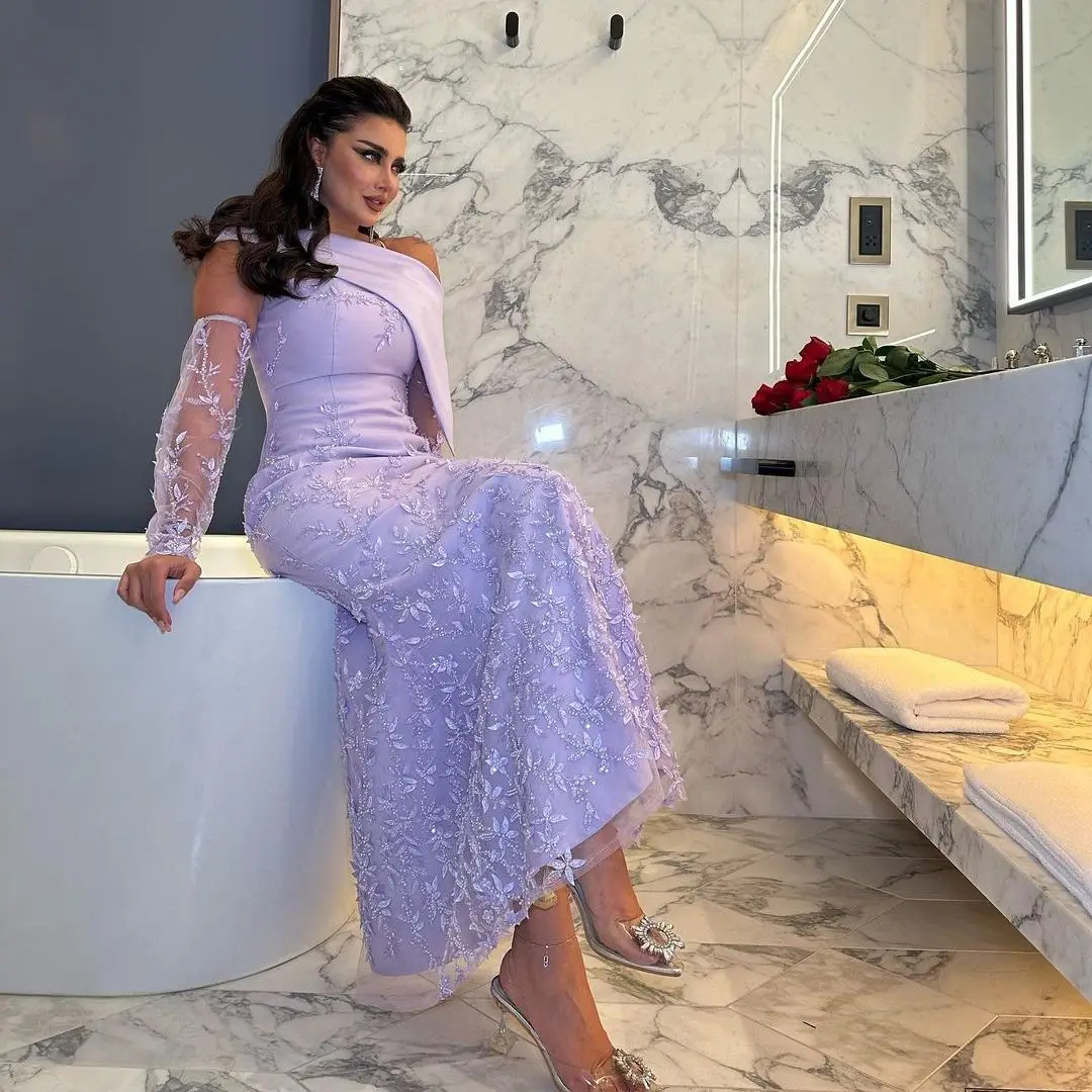 Off Shoulder Lilac Luxury Evening Dresses Beads Appliques Oversleeve Prom Dresses 2023 New Ankle-Length Formal Occasion Dresses