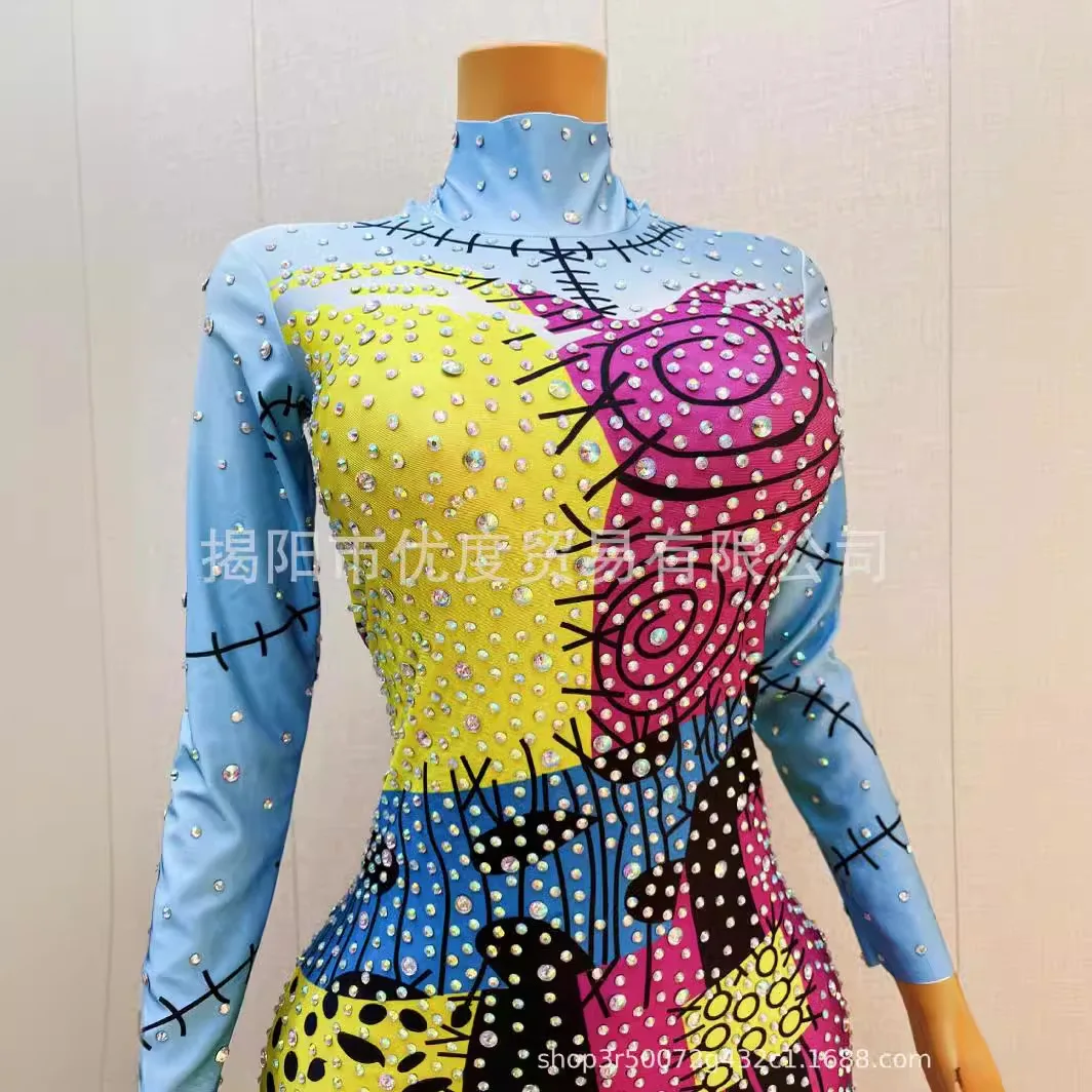 2026 Personalized Long-sleeved Splicing Shiny Rhinestone Design Jumpsuit Female Singer Night Reception Party Performance Puppet