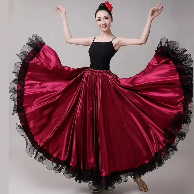 Falda de Flamenco española para mujer gitana, satén de poliéster, liso, gran oscilación, fiesta de carnaval, salón de baile, trajes de danza del vientre