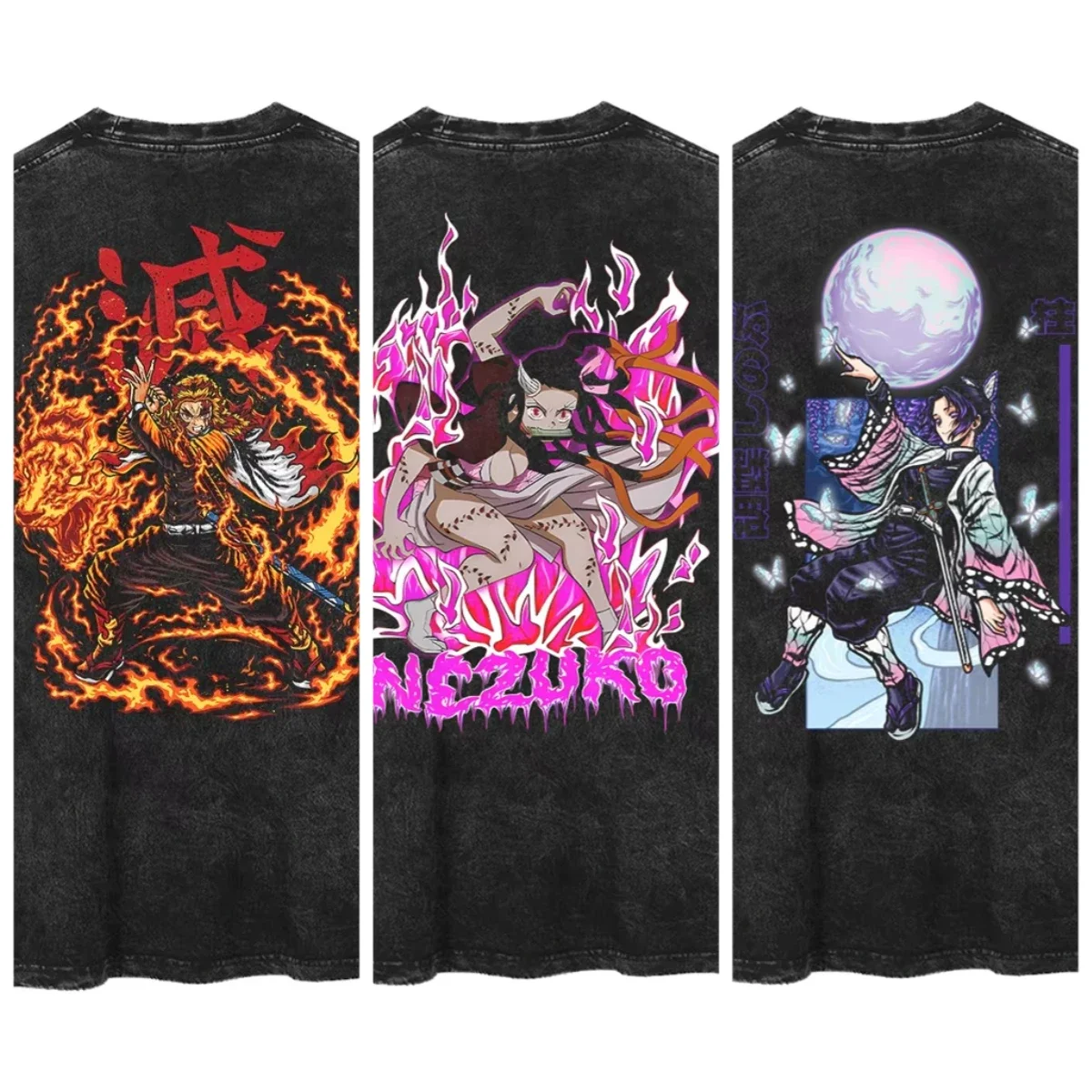 

Men Streetwear Summer Rengoku Kyoujurou Top Tee Harajuku Anime Demon Slayer Printed T-shirt Vintage Washed Oversized Tshirt
