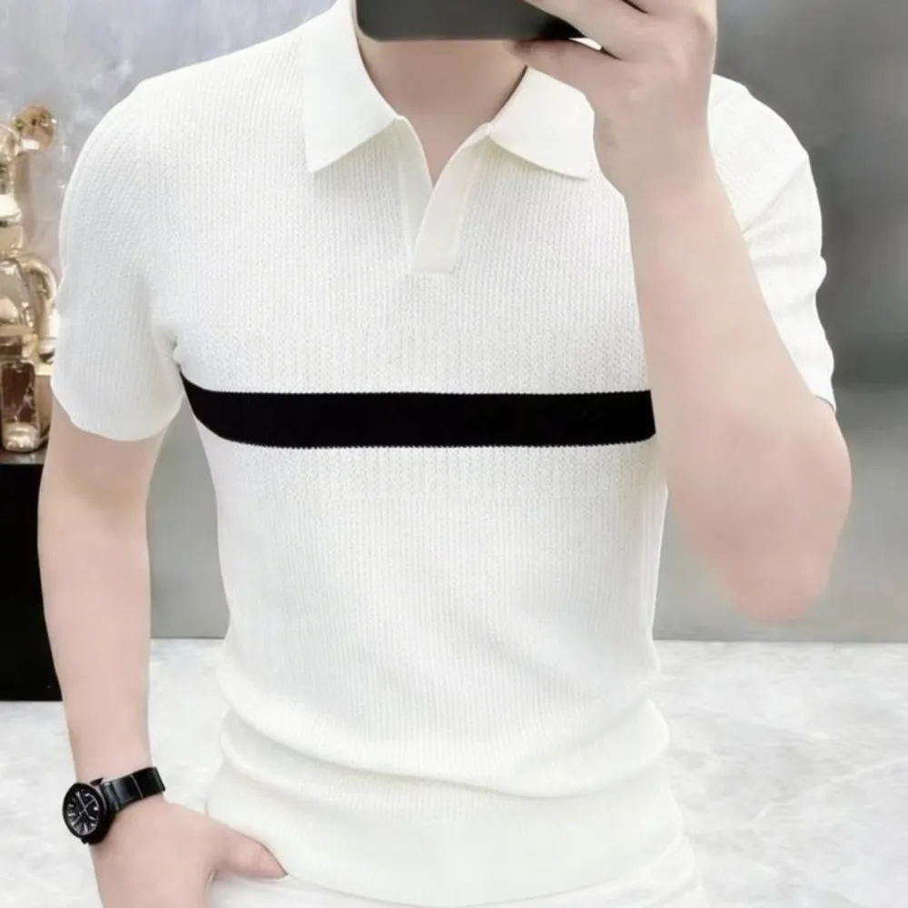 

British V-neck Color Matching Collar Casual Slim Polo Men's Shirt Mannen Polo 2026 Summer Knit Lapel T-shirt Polo Camisa Hombre