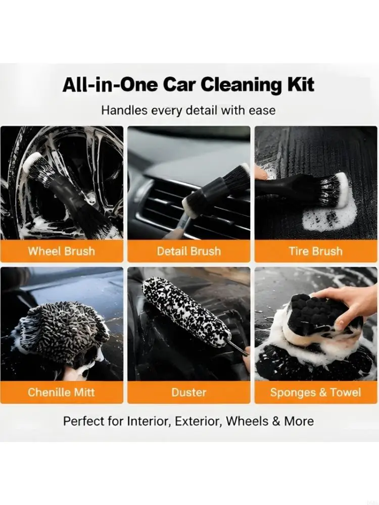 D5BE Car Cleaning 9 Piece Set With Wheel Brush, Detailing Brush, Wash Mitt, Towel, Applicator Sponges, and Storage Bag for Home
