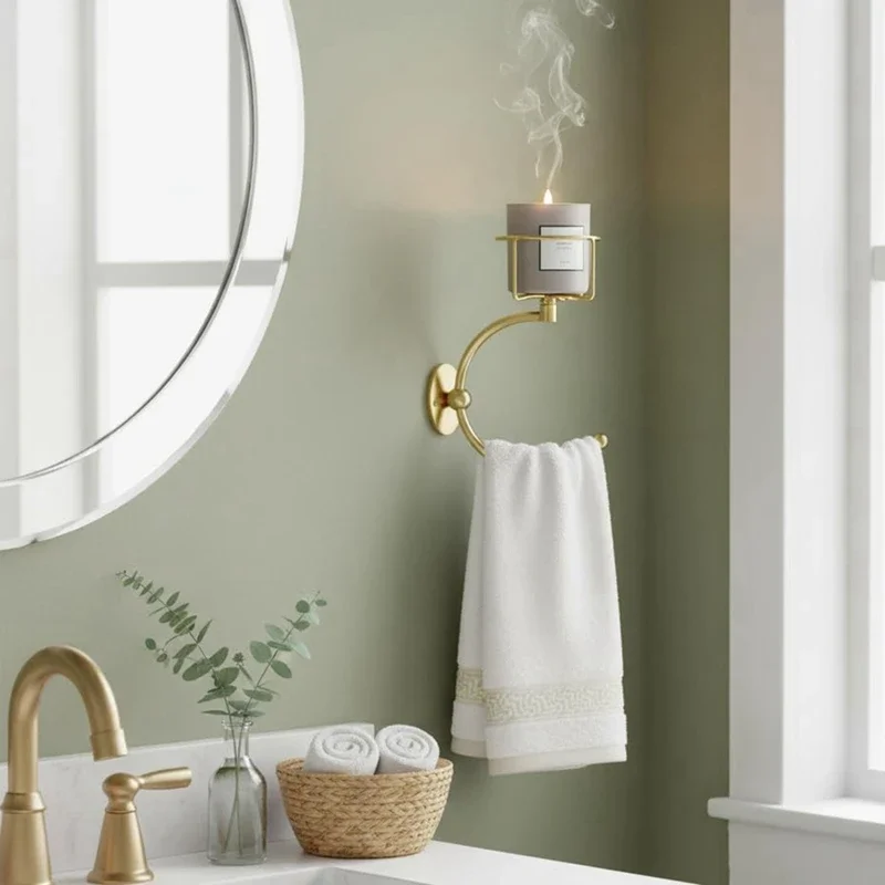 Wall Mounted Towel Holder with Candle Holder, Matt Hand Black Towel Ring for Bathroom Decor Retail