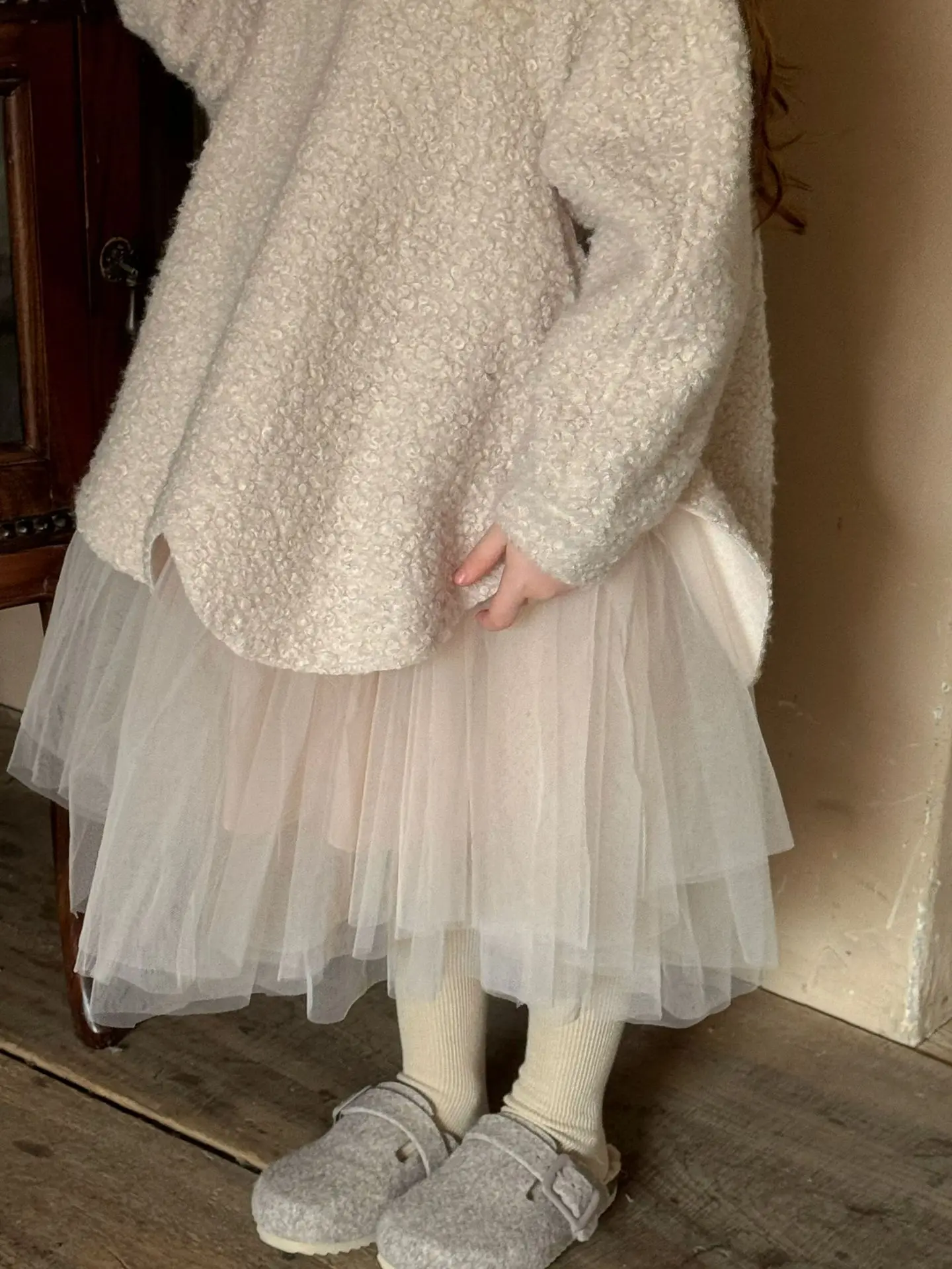 Girls Dress 2024 Winter New Children\'s Korean Sheep Curly Wool Gauze Woolen Splicing Dress