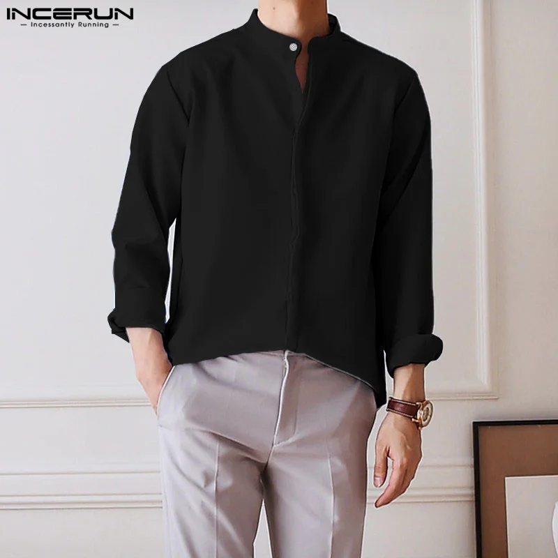 INCERUN 2024 Men\'s Shirt Streetwear Long Sleeve Stand Collar Button Korean Style Shirts Solid Color Fashion Casual Men Clothing