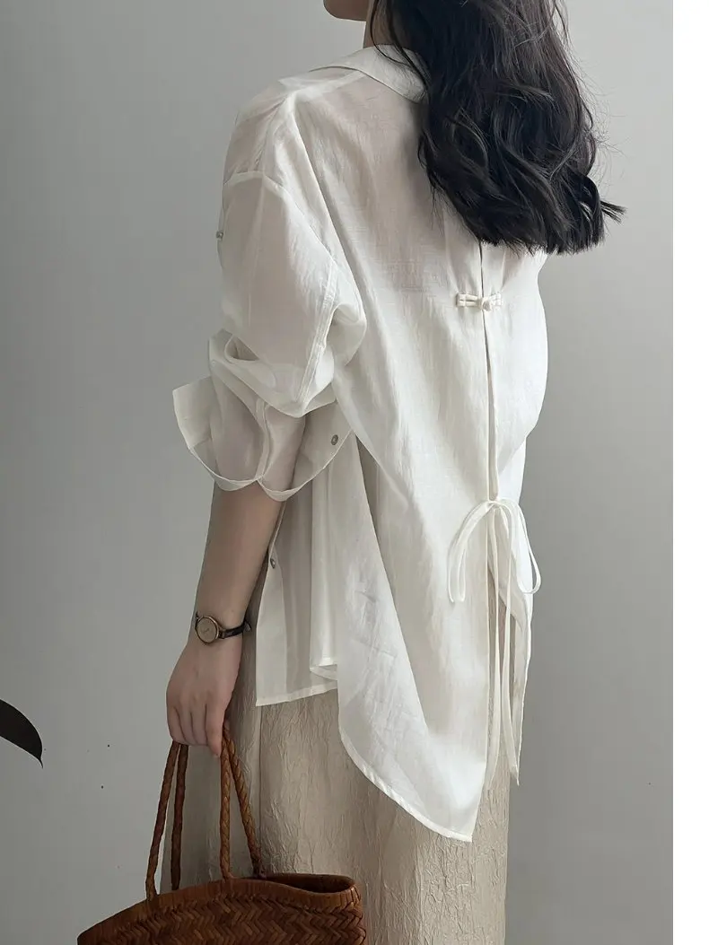 Korean Sunscreen Shirt Women 2026 Summer Clothes Fashion Bandage Blouses Elegant Loose Long Sleeve See Through White Tops